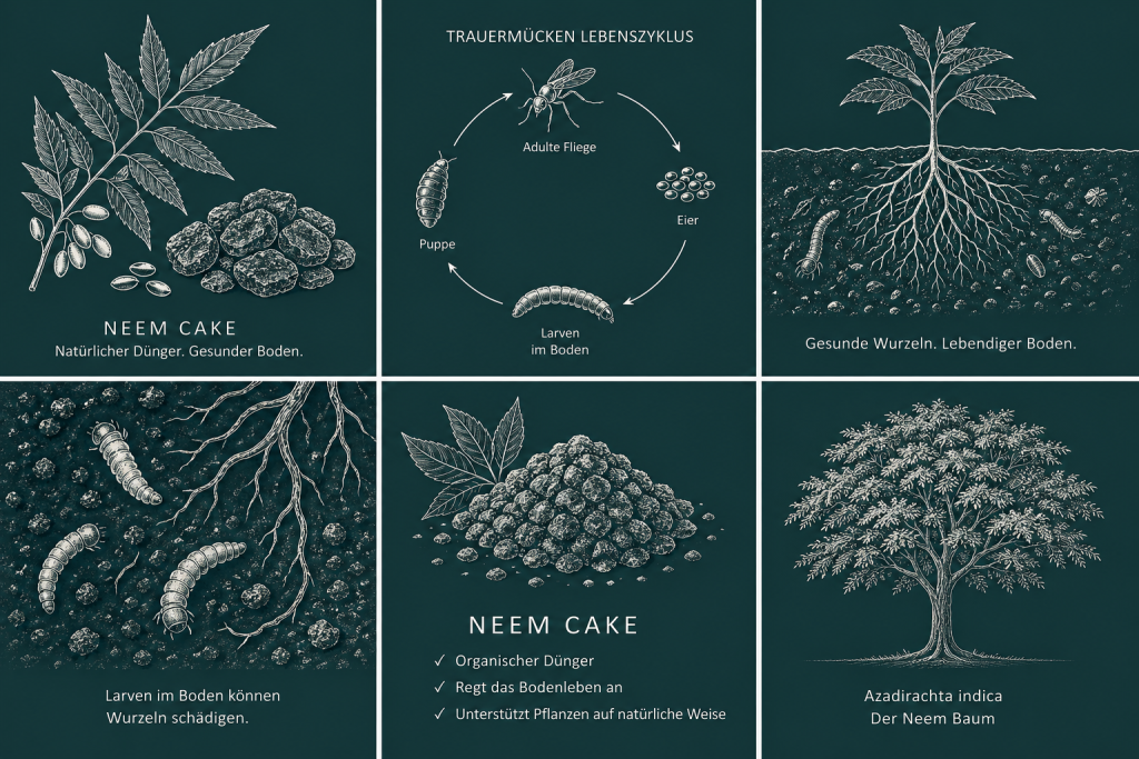 Neem Cake Grafik: organischer Dünger im Living Soil, wirkt gegen Larven im Boden und stärkt gesunde Wurzeln
