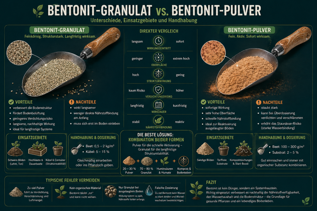 Infografik zum Vergleich von Bentonit-Granulat und Bentonit-Pulver mit Unterschieden in Wirkung, Oberfläche, Struktur, Dosierung und Einsatz im Boden