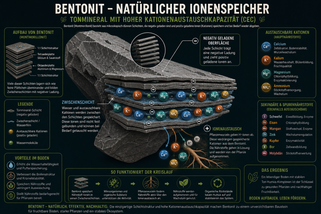 Infografik zu Bentonit im Boden: Schichtstruktur von Tonmineralen, Kationenaustausch und Speicherung von Nährstoffen im Living Soil