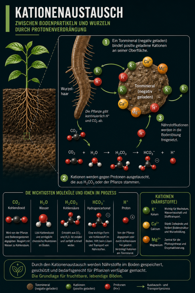 Grafik zum Kationenaustausch im Boden: Wechselwirkung zwischen Pflanzenwurzeln, Tonmineralen, Protonen und Nährstoffionen im Living Soil