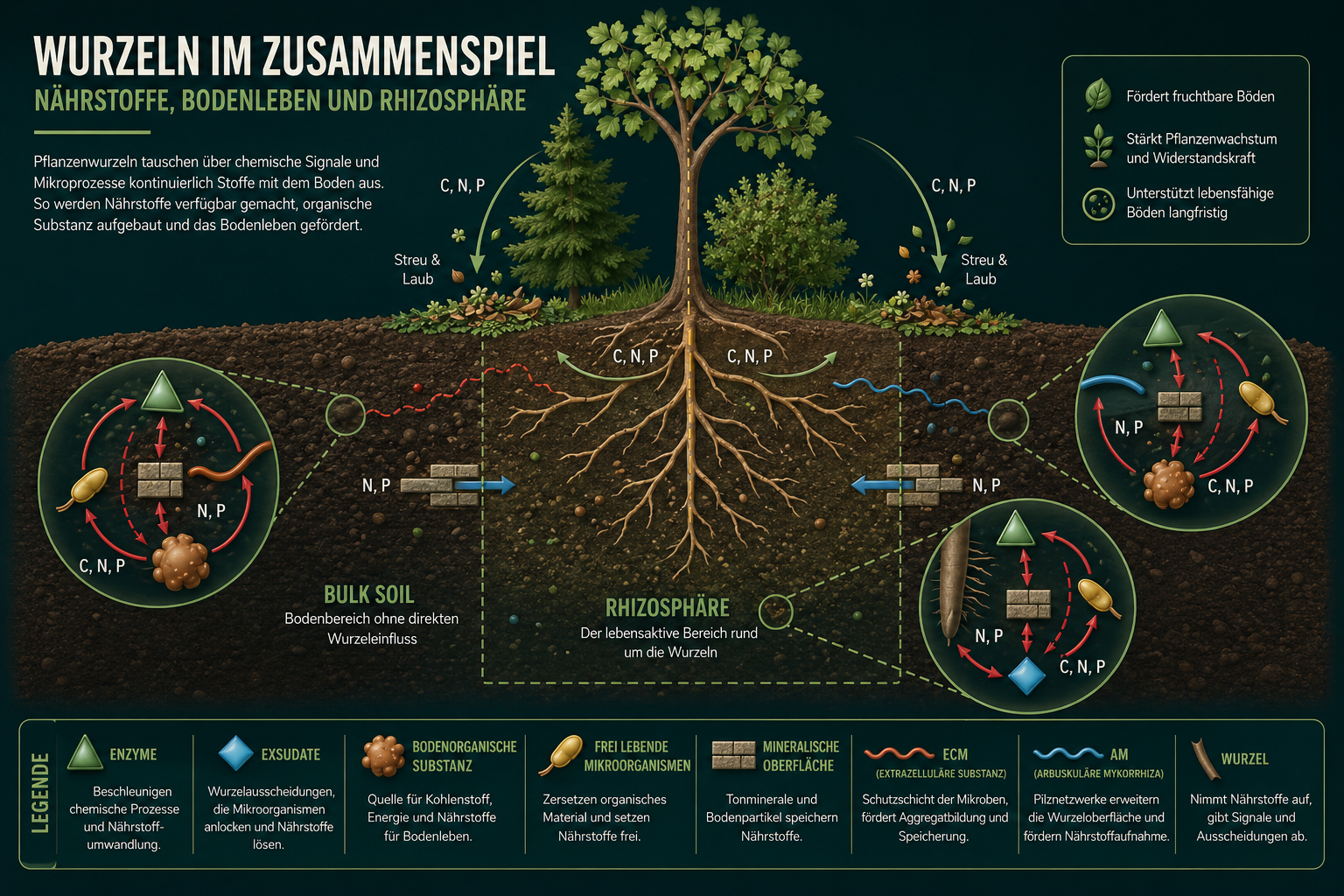 Grafik zur Rhizosphäre im Living Soil: Wechselwirkungen zwischen Pflanzenwurzeln, Mikroorganismen, Ton-Humus-Komplexen und Nährstoffkreislauf im Boden